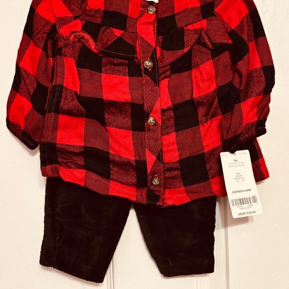 Carter’s Baby Girl 2-Piece Buffalo Plaid Top & Corduroy Pants Set 3M - Picture 2 of 6